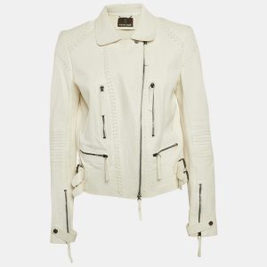 Roberto Cavalli White Textured Leather Zip-Up Biker Jacket L, Coats & Jackets - Luxury Closet catalog