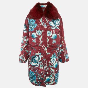 Roberto Cavalli Red Floral Print Nylon and Real Fur Trim Down Coat M, Coats & Jackets - Luxury Closet catalog