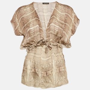 Roberto Cavalli Brown Snakeskin Print Silk Cinched Waist Top S, Shirts & Tops - Luxury Closet catalog