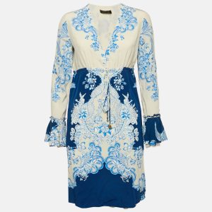 Roberto Cavalli White/Blue Floral Print Silk Lace Trimmed Short Dress M, Dresses - Luxury Closet catalog