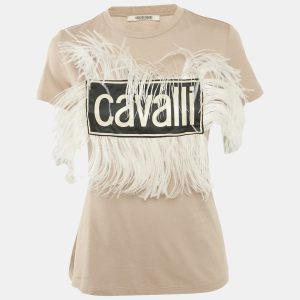 Roberto Cavalli Beige Cotton and Modal Faux Feather Detail T-Shirt XS, Shirts & Tops - Luxury Closet catalog