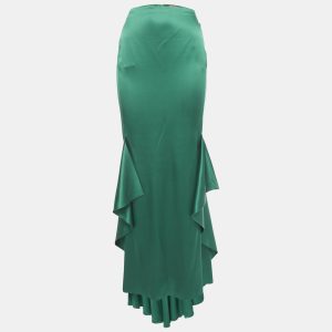 Roberto Cavalli Green Satin Ruffled High-Low Maxi Skirt M, Skirts - Luxury Closet catalog