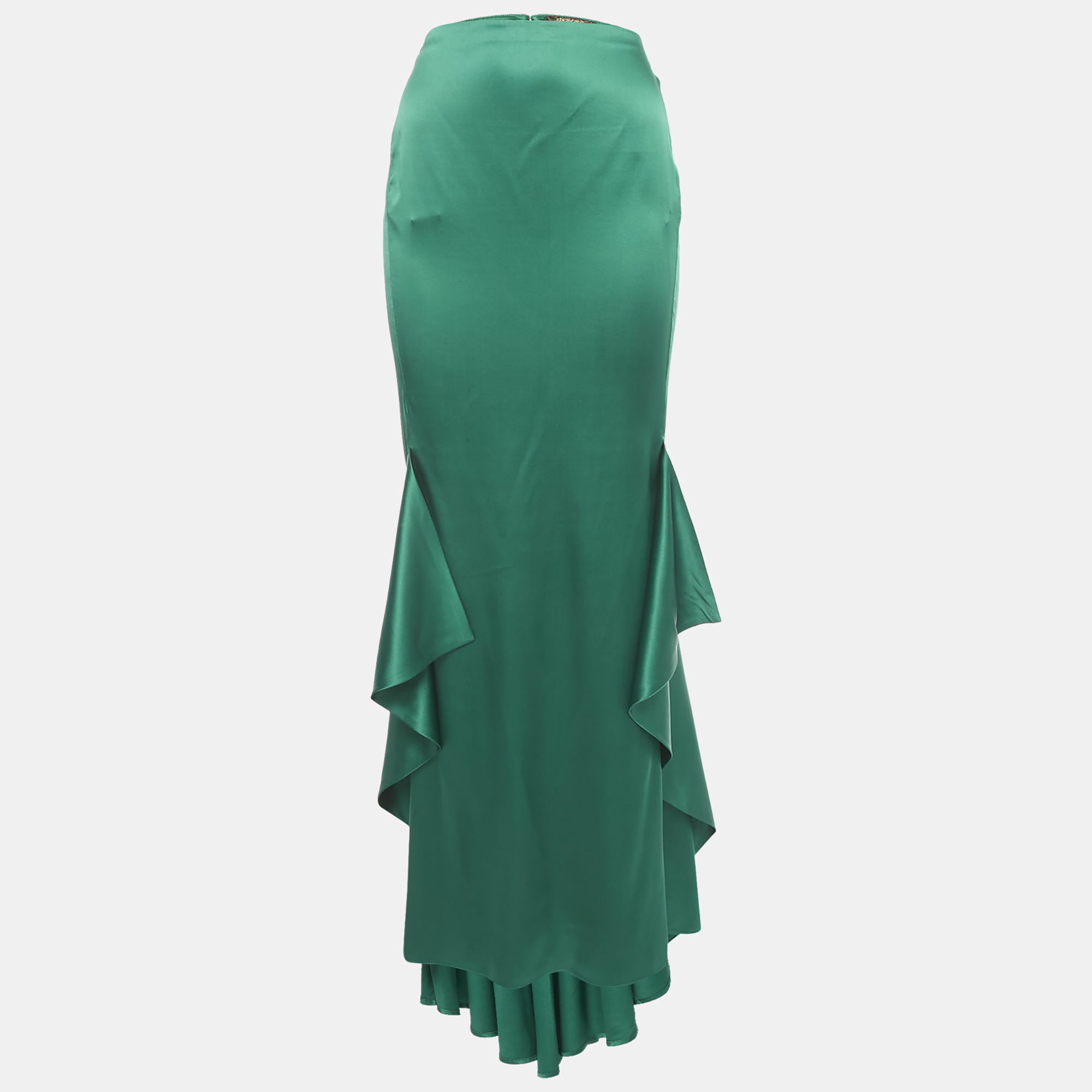 Roberto Cavalli Green Satin Ruffled High-Low Maxi Skirt M, Skirts - Luxury Closet catalog