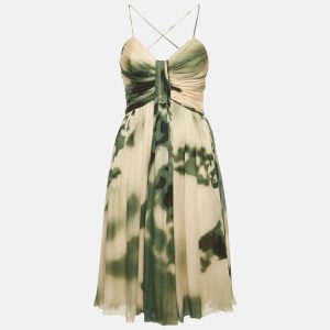 Roberto Cavalli Beige/Green Printed Silk Pleated Mini Dress S, Dresses - Luxury Closet catalog