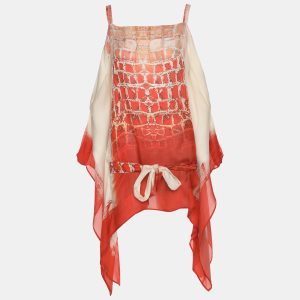 Roberto Cavalli Orange & White Printed Silk Wrap Around Belted Kaftan Blouse, Shirts & Tops - Luxury Closet catalog