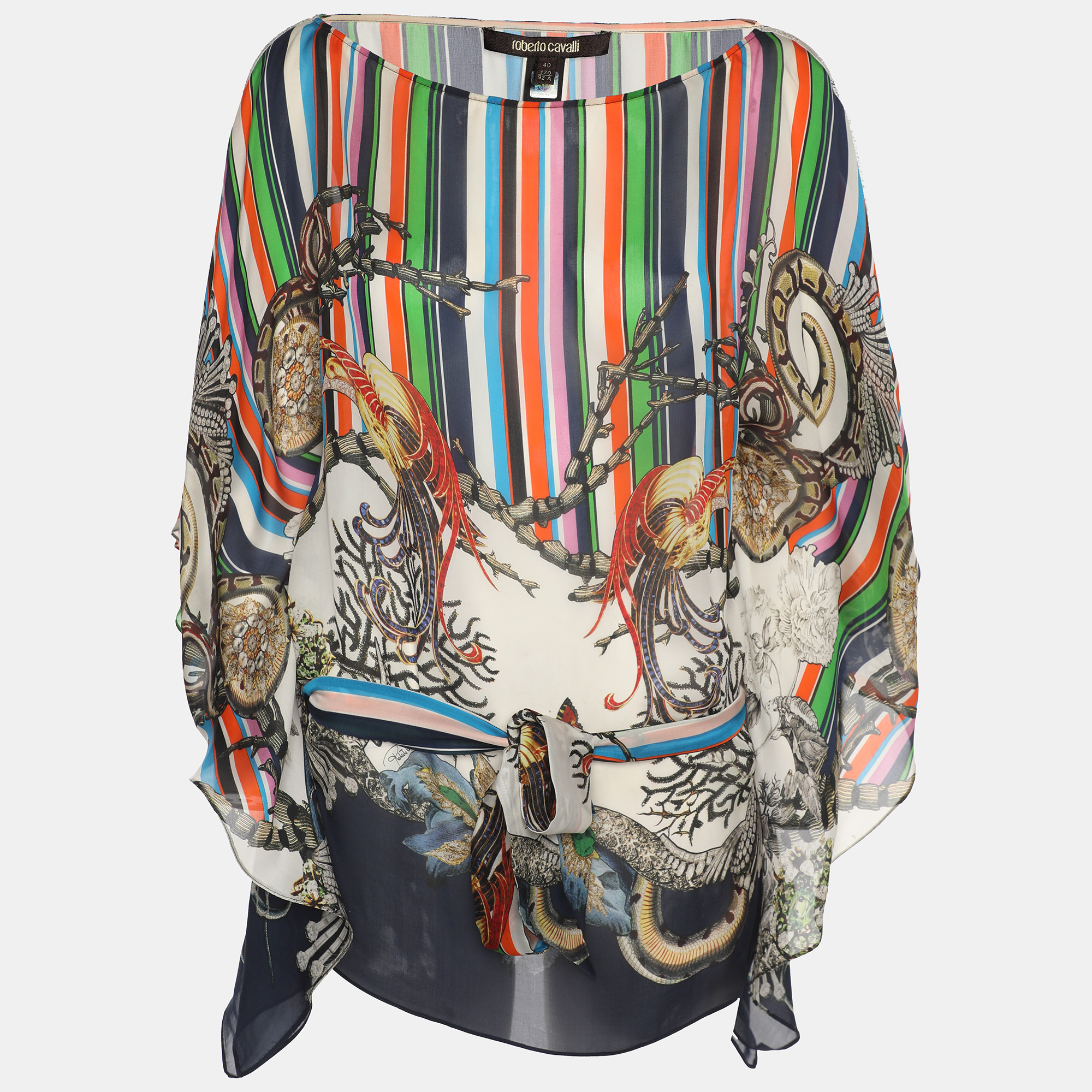 Roberto Cavalli Multicolor Stripe Printed Silk Belted Kaftan Blouse S, Coats & Jackets - Luxury Closet catalog