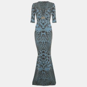 Roberto Cavalli Teal Blue Animal Printed Jersey Plunge Neck Maxi Dress S, Dresses - Luxury Closet catalog