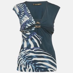 Roberto Cavalli Blue Printed Jersey Neck Detail Top S, Shirts & Tops - Luxury Closet catalog