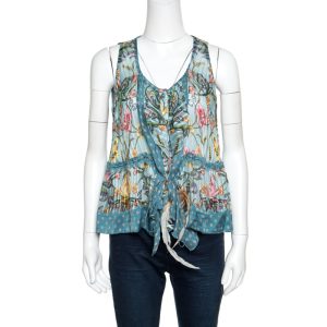 Roberto Cavalli Blue Floral Printed Silk Ruffled Feather Tie Detail Blouse M, Shirts & Tops - Luxury Closet catalog