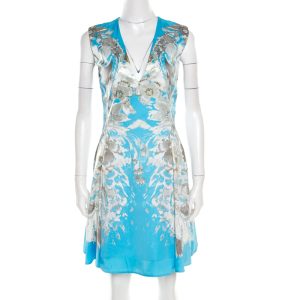 Roberto Cavalli Blue Floral Printed Satin Sleeveless Flared Dress S, Dresses - Luxury Closet catalog