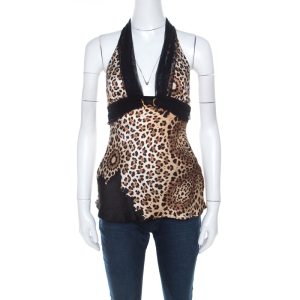 Roberto Cavalli Brown Cheetah Print Silk Tulle Trim Halter Top S, Shirts & Tops - Luxury Closet catalog