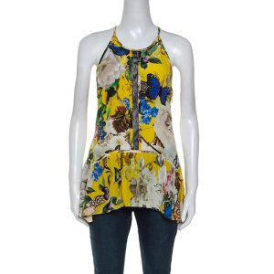 Roberto Cavalli Yellow Printed Silk Lace Detail Halter Top M, Shirts & Tops - Luxury Closet catalog