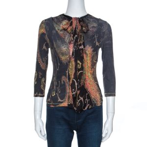 Roberto Cavalli Black Printed Stretch Knit Neck Tie Detail Top S, Shirts & Tops - Luxury Closet catalog
