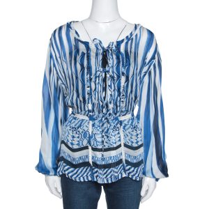 Roberto Cavalli Blue and White Deco Print Silk Tie Up Blouse M, Shirts & Tops - Luxury Closet catalog