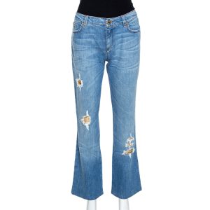 Roberto Cavalli Blue Distressed Denim Embellished Patch Jeans M, Jeans - Luxury Closet catalog