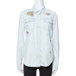 Roberto Cavalli Light Blue Distressed Denim Patch Detail Shirt S, Shirts & Tops - Luxury Closet catalog