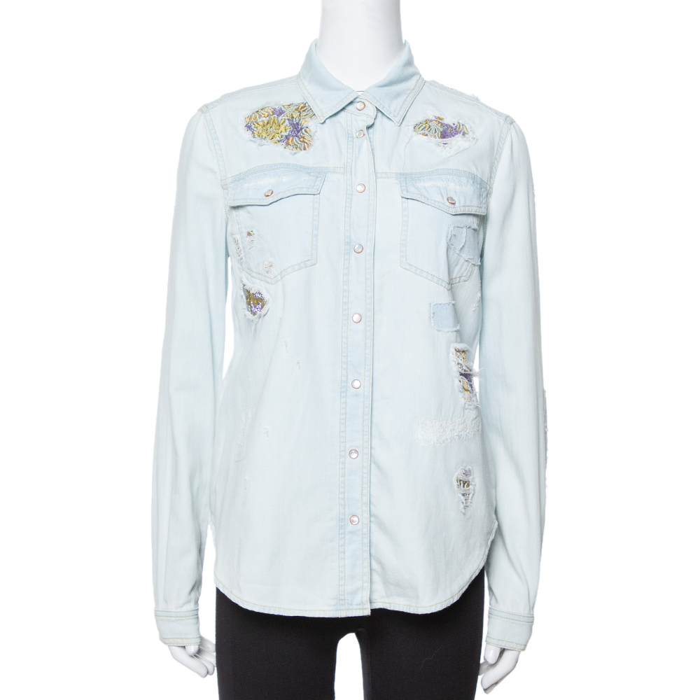 Roberto Cavalli Light Blue Distressed Denim Patch Detail Shirt S, Shirts & Tops - Luxury Closet catalog