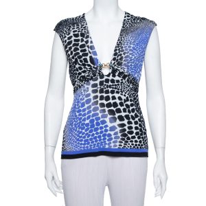 Roberto Cavalli Blue & Black Knit Animal Print Plunge Neck Top M, Shirts & Tops - Luxury Closet catalog