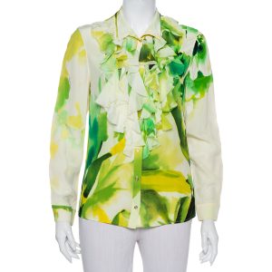 Roberto Cavalli Green Printed Silk Ruffled Detail Button Front Shirt M, Shirts & Tops - Luxury Closet catalog