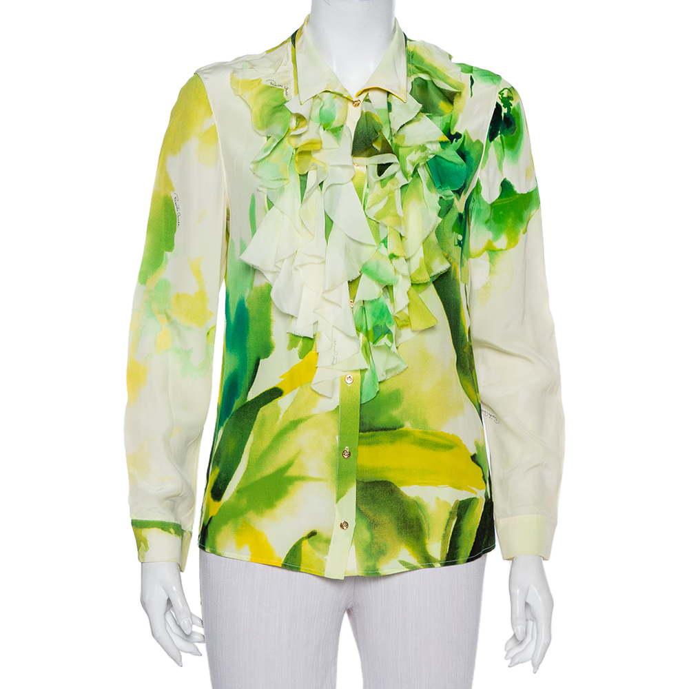 Roberto Cavalli Green Printed Silk Ruffled Detail Button Front Shirt M, Shirts & Tops - Luxury Closet catalog