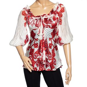 Roberto Cavalli Ivory & Red Printed Silk Neck Tie Detail Blouse S, Shirts & Tops - Luxury Closet catalog