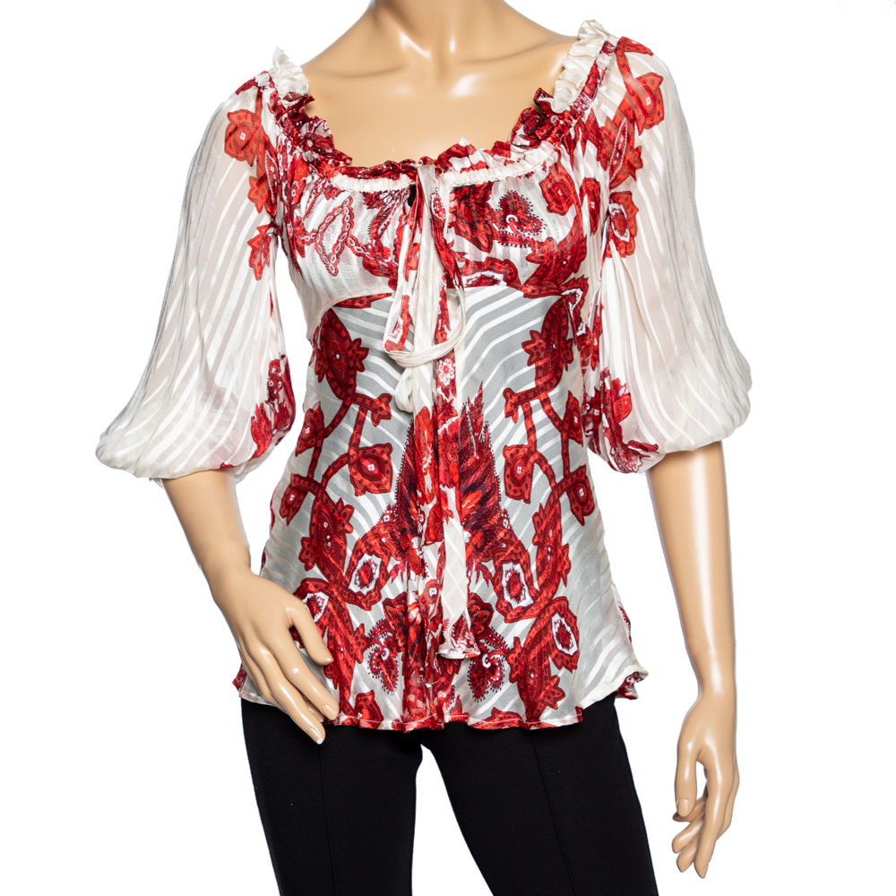 Roberto Cavalli Ivory & Red Printed Silk Neck Tie Detail Blouse S, Shirts & Tops - Luxury Closet catalog