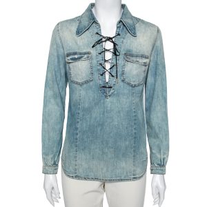 Roberto Cavalli Blue Denim Lace-Up Detail Long Sleeve Shirt S, Shirts & Tops - Luxury Closet catalog