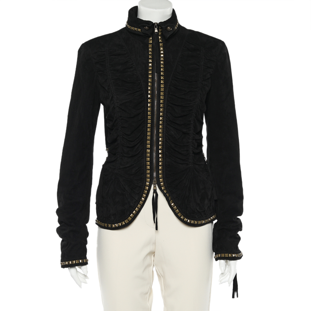 Roberto Cavalli Black Studded Suede Zip Front Ruched Jacket M, Coats & Jackets - Luxury Closet catalog
