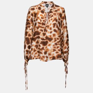 Roberto Cavalli Brown Printed Crepe De Chine Tie Detail Blouse S, Shirts & Tops - Luxury Closet catalog