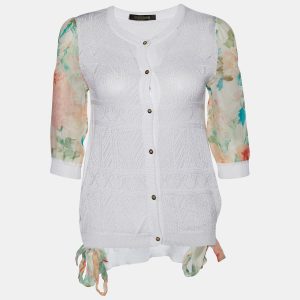 Roberto Cavalli White Perforated Knit & Printed Silk Sleeve Cardigan S, Sweaters & Cardigans - Luxury Closet catalog