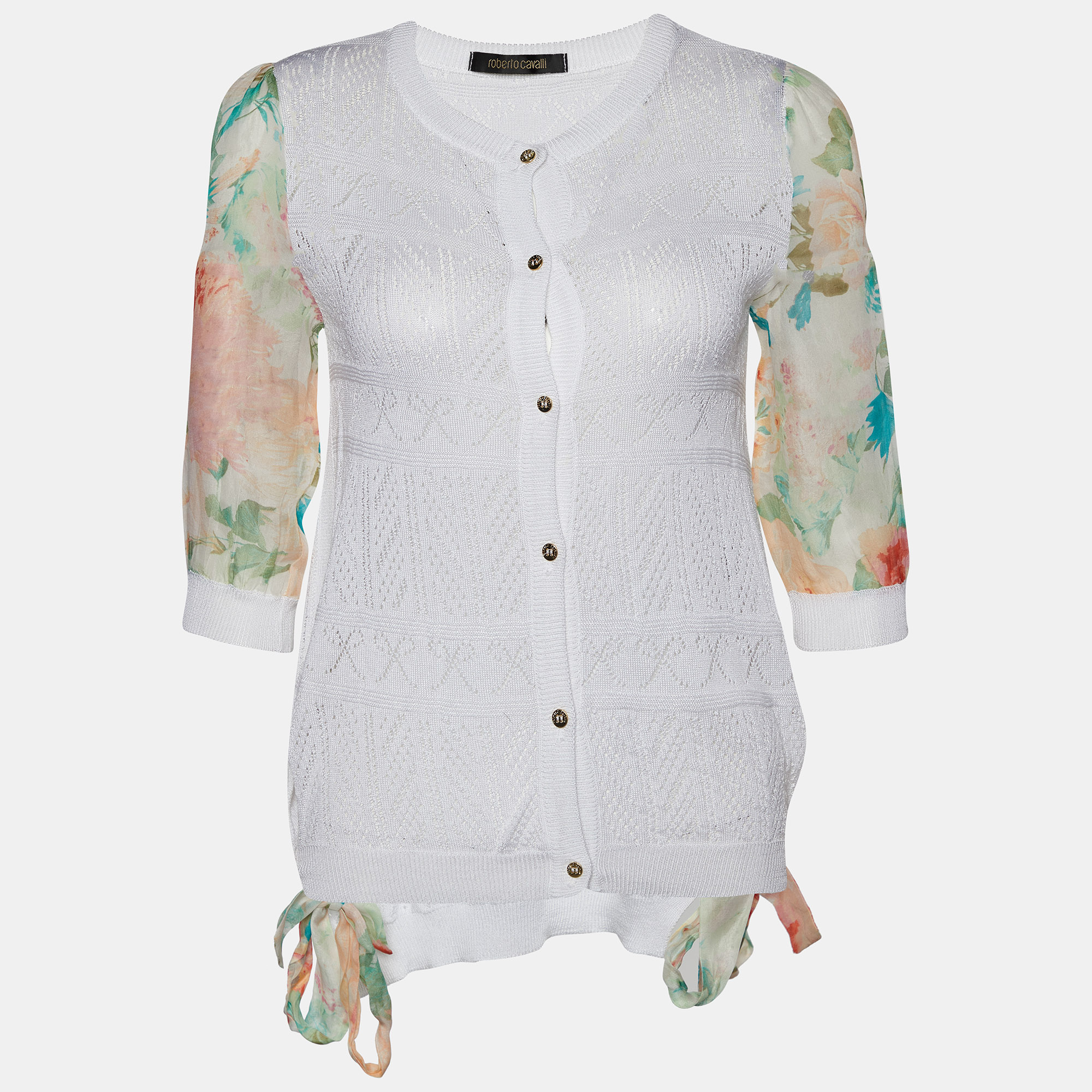 Roberto Cavalli White Perforated Knit & Printed Silk Sleeve Cardigan S, Sweaters & Cardigans - Luxury Closet catalog