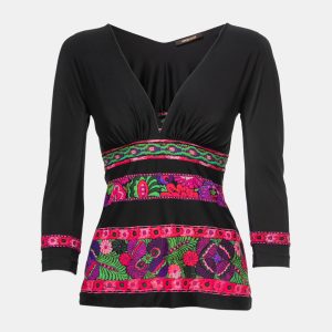 Roberto Cavalli Black Floral Printed Jersey V-Neck Top S, Shirts & Tops - Luxury Closet catalog