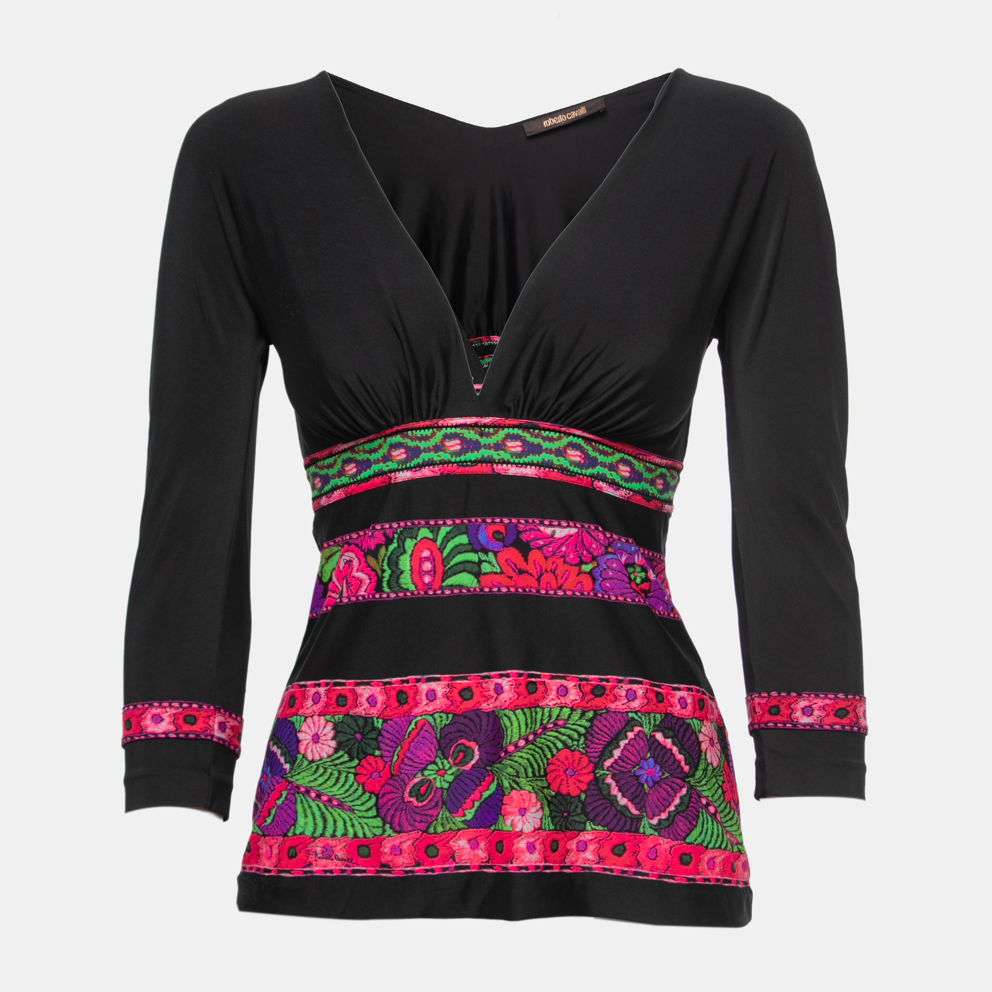 Roberto Cavalli Black Floral Printed Jersey V-Neck Top S, Shirts & Tops - Luxury Closet catalog
