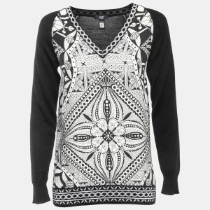 Class by Roberto Cavalli Black Wool & Printed Silk V-Neck Sweater S, Sweaters & Cardigans - Luxury Closet catalog