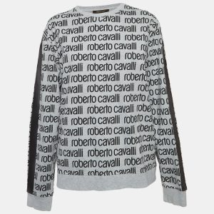 Roberto Cavalli Grey Logo Print Cotton Crew Neck Sweatshirt L, Sweaters & Cardigans - Luxury Closet catalog