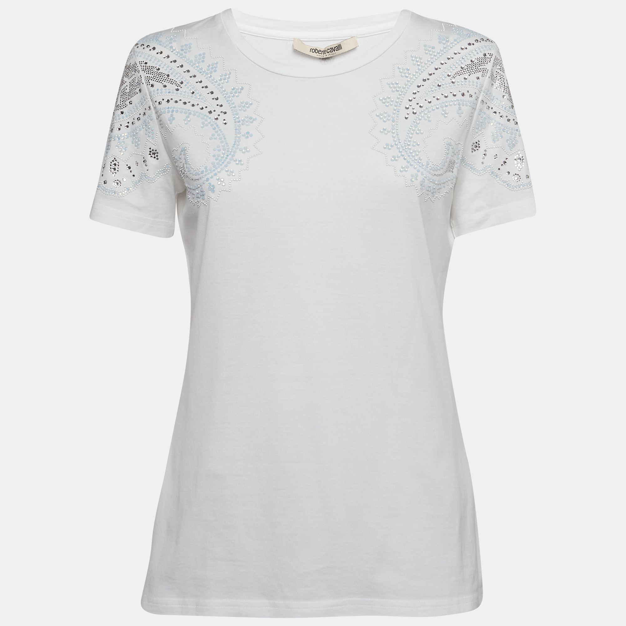 Roberto Cavalli White Crystal Embellished Jersey T-Shirt M, Shirts & Tops - Luxury Closet catalog