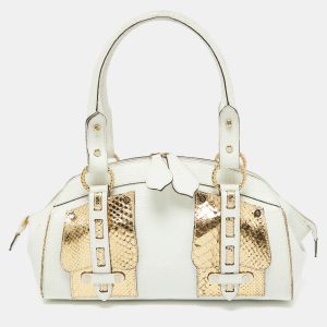 Roberto Cavalli White/Gold Croc Embossed Leather and Snakeskin Satchel, Satchels - Luxury Closet catalog