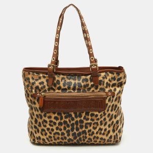 Roberto Cavalli Brown Leopard Print Straw and Leather Front Zip Tote, Tote Handbags - Luxury Closet catalog