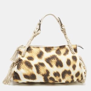 Roberto Cavalli White/Brown Leopard Print Canvas Tassel Hobo, Shoulder Bags - Luxury Closet catalog