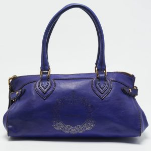 Roberto Cavalli Dark Blue Leather Logo Embossed Satchel, Satchels - Luxury Closet catalog