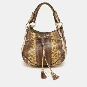 Roberto Cavalli Yellow/Brown Foil Leather and Karung Leather Tassel Drawstring Hobo, Shoulder Bags - Luxury Closet catalog