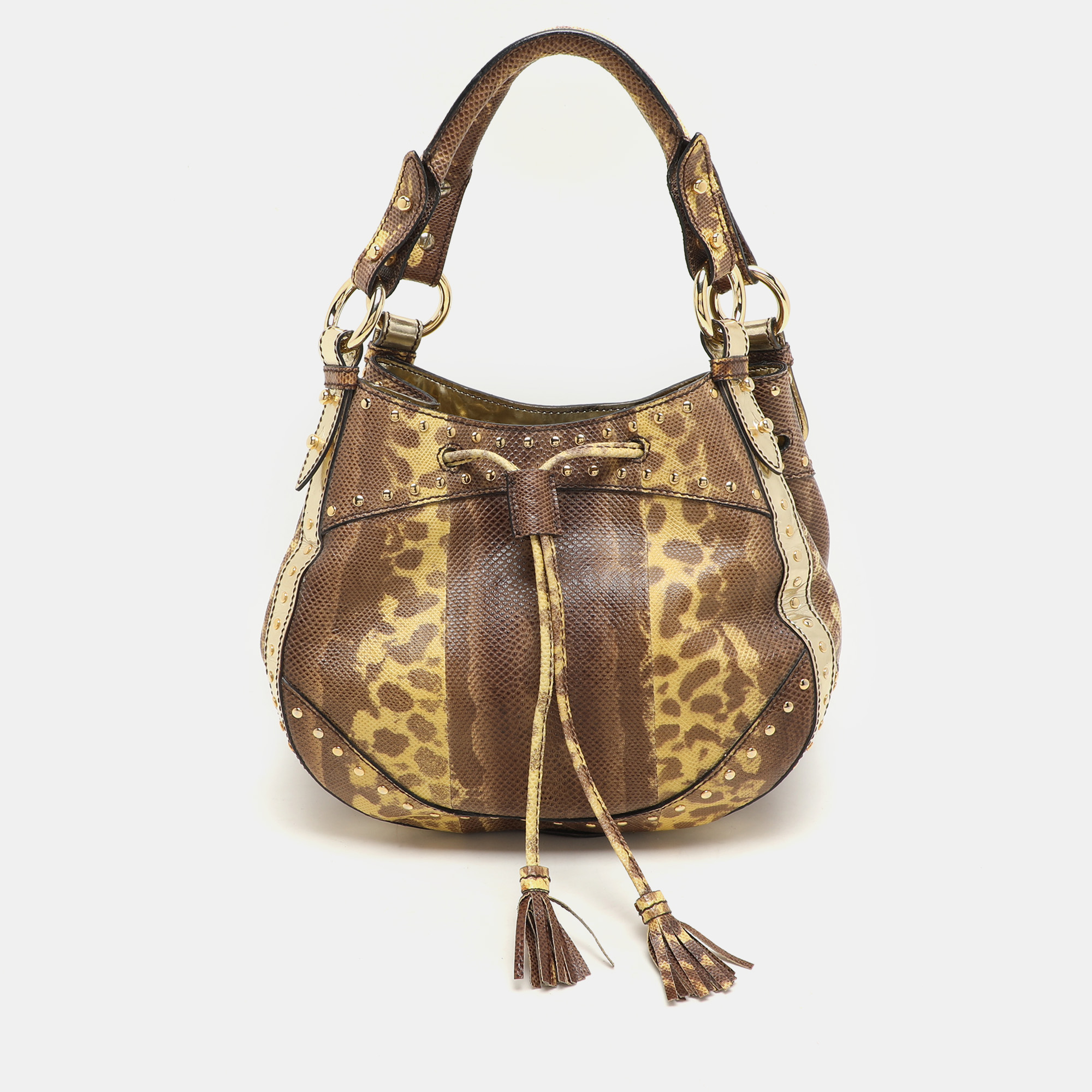 Roberto Cavalli Yellow/Brown Foil Leather and Karung Leather Tassel Drawstring Hobo, Shoulder Bags - Luxury Closet catalog