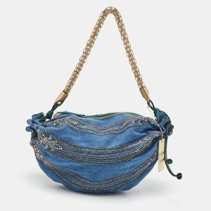 Roberto Cavalli Blue/Green Denim and Patent Leather Embellished Chain Hobo, Shoulder Bags - Luxury Closet catalog