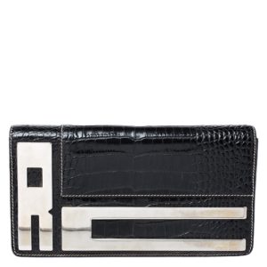 Roberto Cavalli Black Crocodile Embossed Leather Logo Chain Clutch, Clutches & Special Occasion Bags - Luxury Closet catalog