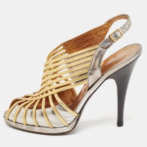Roberto Cavalli Silver/Gold Leather Strappy Slingback Sandals Size 37.5, Sandals - Luxury Closet catalog