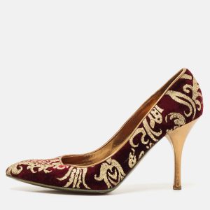 Roberto Cavalli Burgundy/Gold Leather and Velvet Round Toe Pumps Size 38.5, Pumps - Luxury Closet catalog