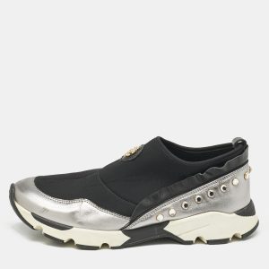 Roberto Cavalli Black/Silver Nylon and Leather Crystal Embellished Slip On Sneakers Size 38, Athletic Shoes & Sneakers - Luxury Closet catalog