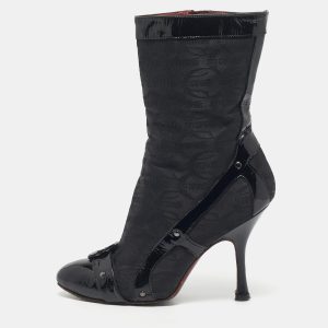 Roberto Cavalli Black Monogram Nylon and Patent Leather Buckle Ankle Length Boots Size 37, Boots - Luxury Closet catalog