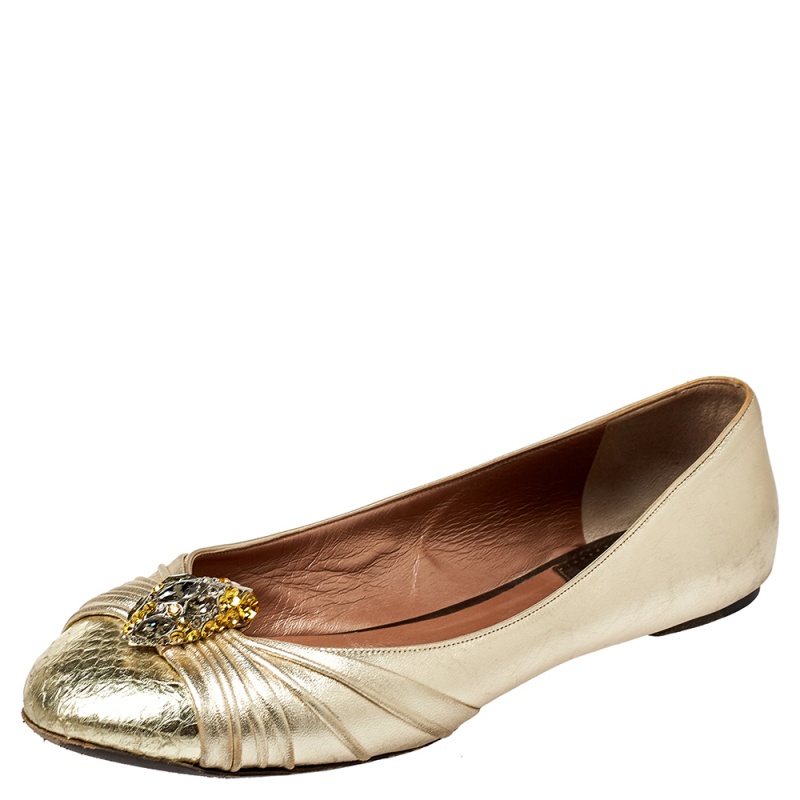 Roberto Cavalli Metallic Gold Leather Snake Head Crystal Embellished Ballet Flats Size 39.5, Flats - Luxury Closet catalog
