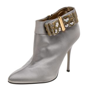 Roberto Cavalli Grey Satin Bow Embellished Ankle Length Boots Size 38, Boots - Luxury Closet catalog
